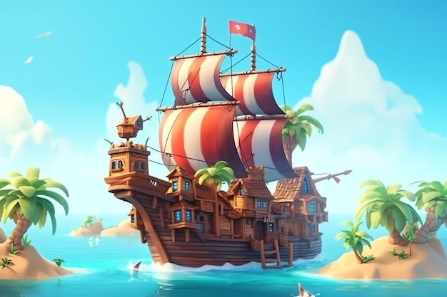 A ship in the ocean with palm trees and a few palm trees.