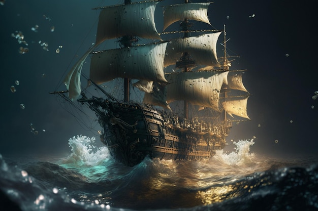 A ship in the ocean with the sails down