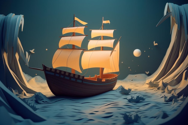 A ship on the ocean with the sails up and the moon in the background.