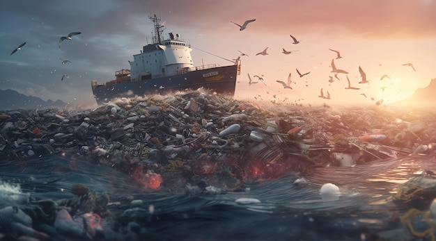 A ship in the ocean with a ship in the background and a seagull flying over it.