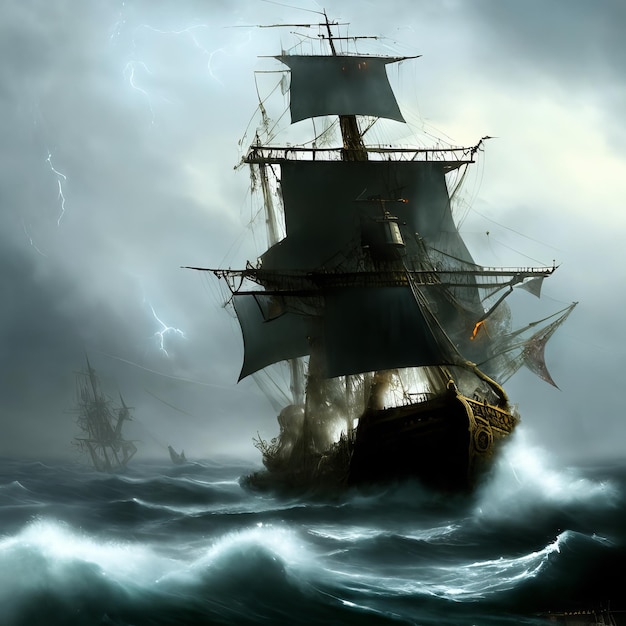 A ship in the ocean with a storm in the background