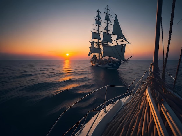 太陽が沈む海の船