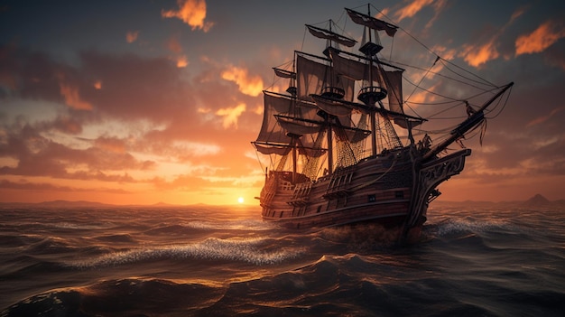 A ship on the ocean with the sun setting behind it