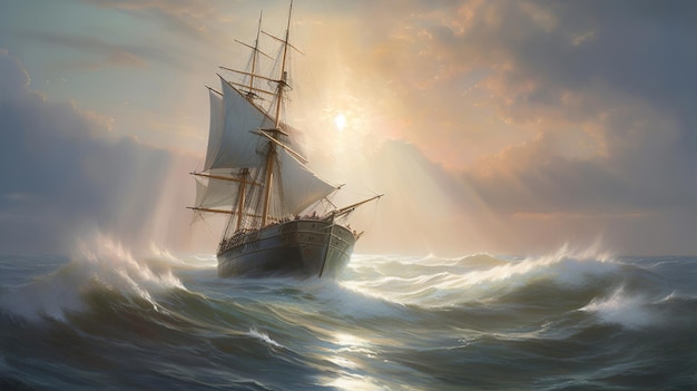 A ship in the ocean with the sun shining on the horizon