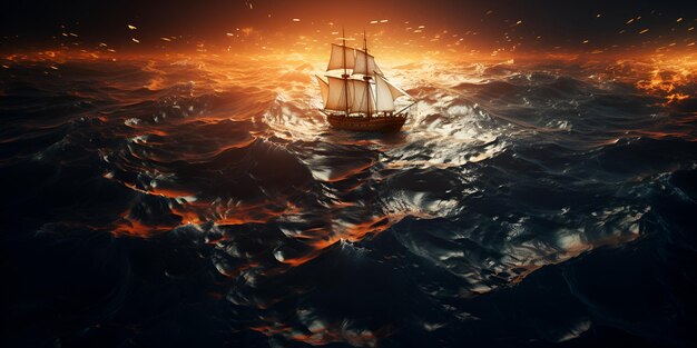 a ship in the ocean with a sunset background