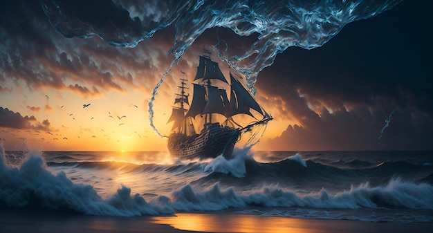 A ship in the ocean with a sunset in the background