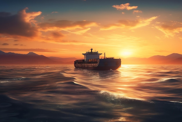 A ship in the ocean with a sunset in the background