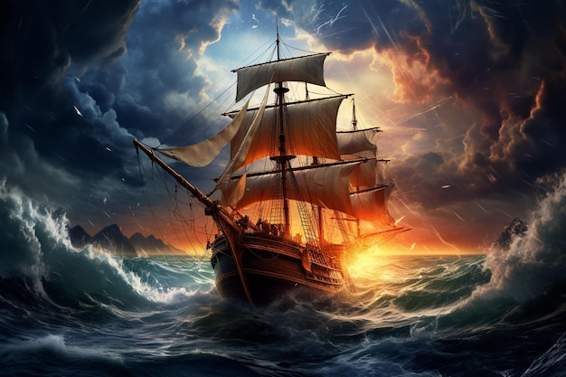 a ship in the ocean with a sunset in the background