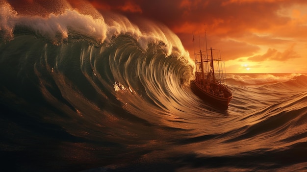 Foto una nave nell'oceano con un'onda dietro di essa