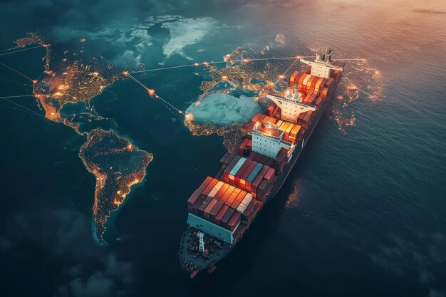 Фото Концепция грузоперевозок «судно бизнес-логистики» и карта глобального партнерского соединения контейнерных грузов