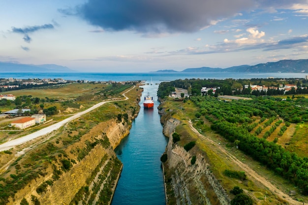 Ship passing through Corinth Canal in Greece