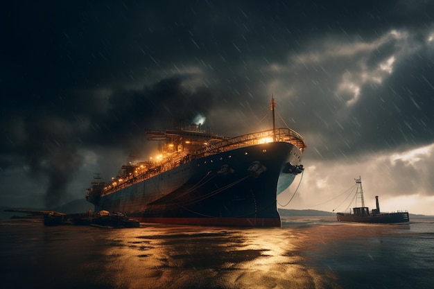 A ship in the rain with the lights on