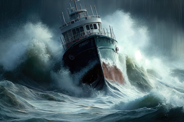 Ship ran aground in stormy weather waves crashing against its hull