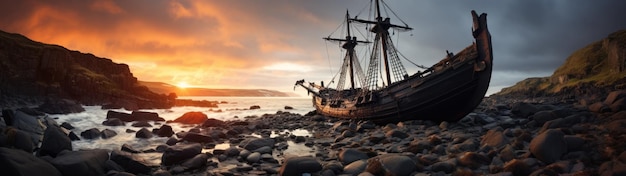 Foto una nave su una spiaggia rocciosa