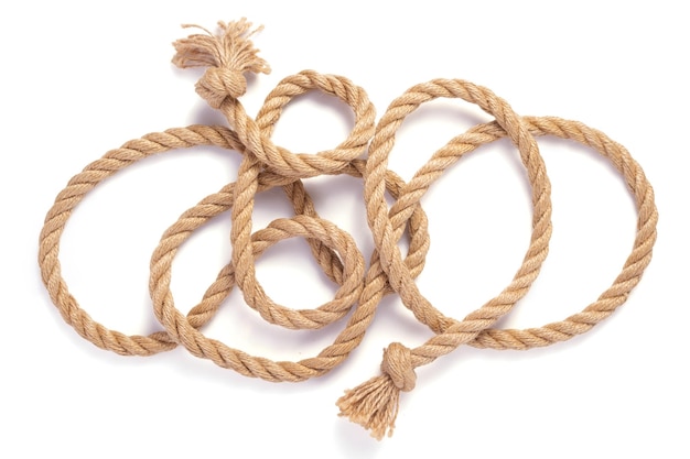 Ship rope with sea knot isolated on white background, top view