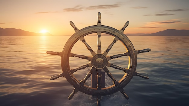 A ship's steering wheel is seen in the water at sunset