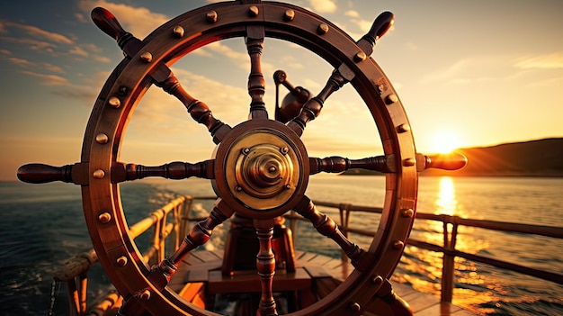 Photo ship's wheel with determination leading their vessel through the endless expanse of the sea with unwavering resolve maritime command steady hand generated by ai