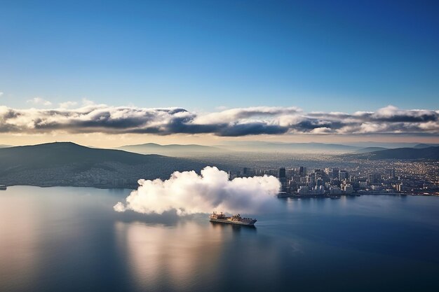 Ship sailing in the clouds above a city surreal scene