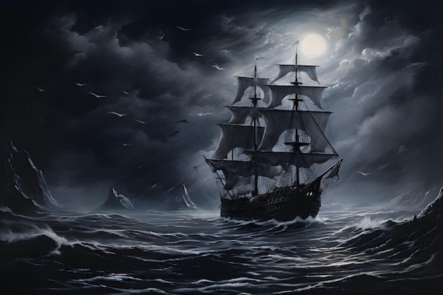 夜に海を航海する船