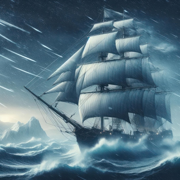 A ship sailing in the sea during a storm