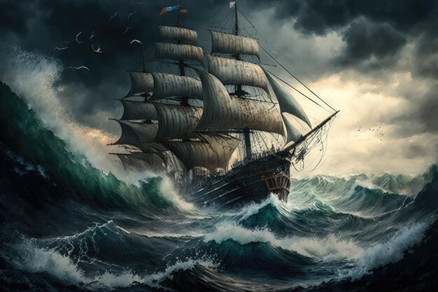 Ship sailing in a storm and waves crashing against deck