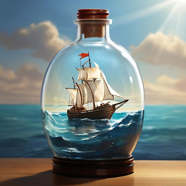 Photo a ship sailing in the sun in a bottle ai