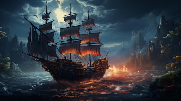 ship sailing through the night seas