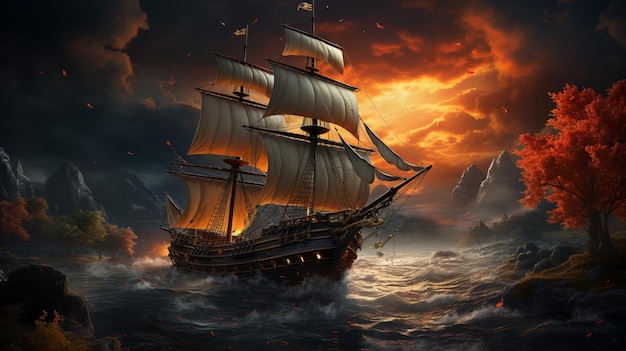 ship sailing through the night seas