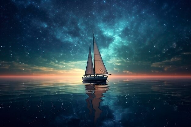 ship sails through the calm waters of the ocean under the starry sky