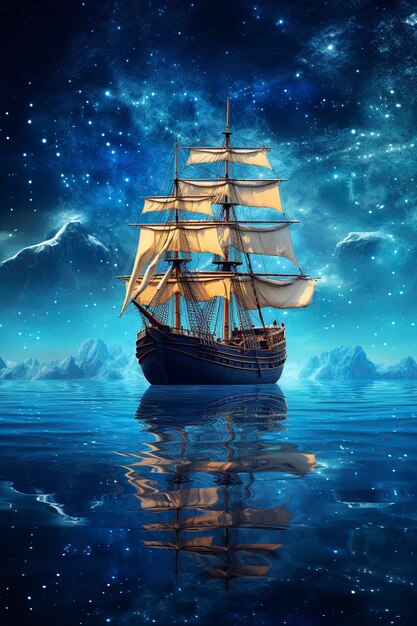 ship sails through the calm waters of the ocean under the starry sky