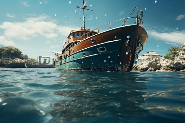 Ship in the sea 3d rendering toned image double exposure