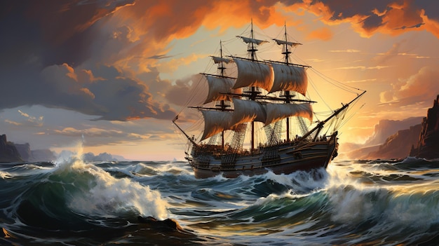 海の船の美しい油絵