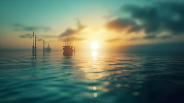 a ship in the sea at sunset