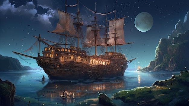 月を背景に海に浮かぶ船