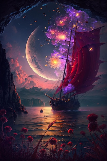 A ship in the sea with the moon behind it.