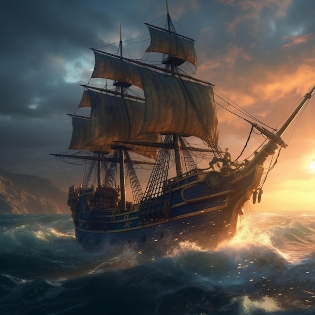 a ship in the sea with a sunset background