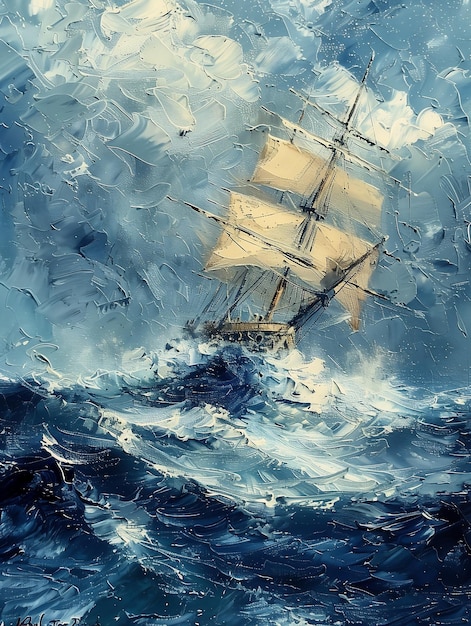 корабль моря небо фон преследующий штрихи кисти масло согласованно капельная сухая краска далекий синий цвет страшный