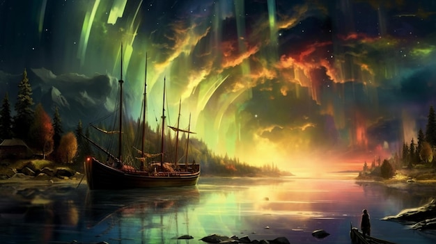 A ship in the sky with the aurora borealis.