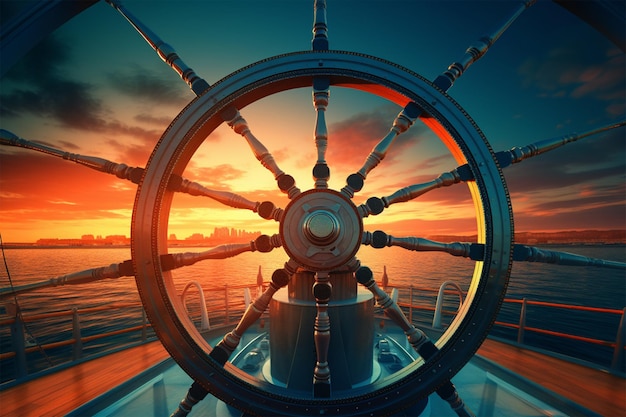 ship steering wheel helm at sunset panoramic