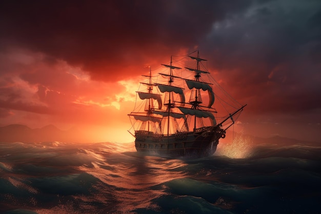 Ship in storm sea Ocean boat at sunset