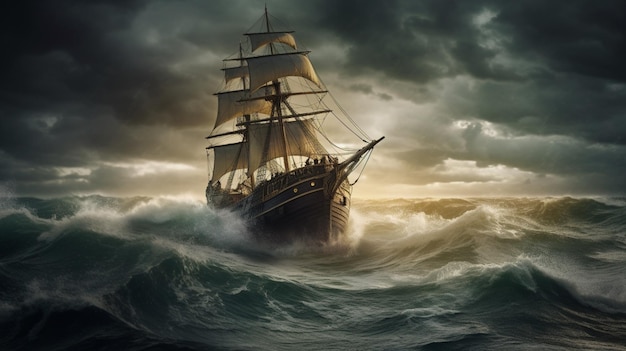 A ship in a storm with a cloudy sky