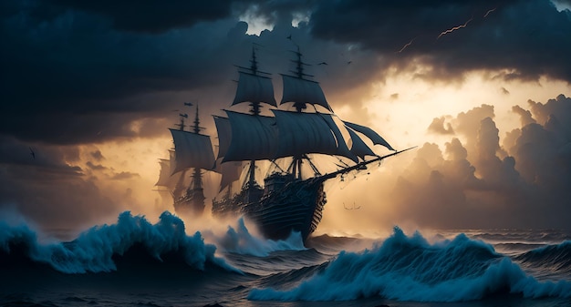 A ship in the storm with the sails down