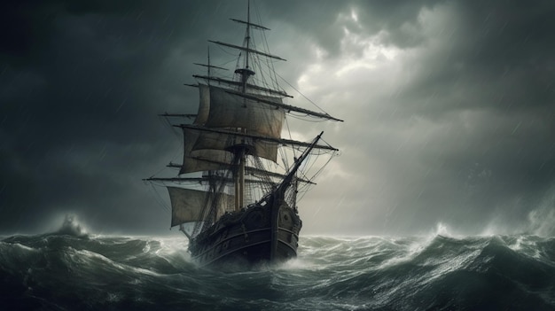 A ship in a storm with the sails down