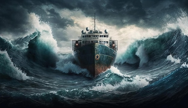 Foto nave nel mare in tempesta con onde enormi onde tempestose giganti nell'oceano e in barca ia generata