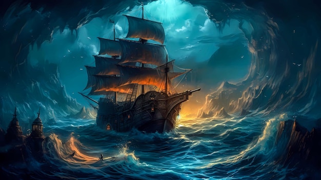 A ship in a stormy sea with a ship in the middle