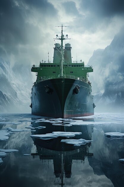 корабль, плавающий в воде с льдом, плавающим в воде