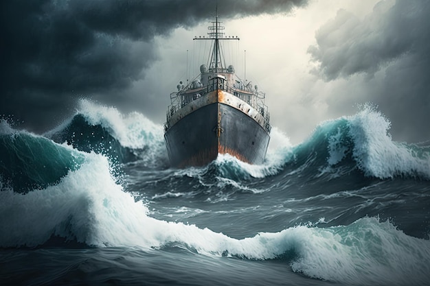 The ship was caught in a storm at sea ai generative