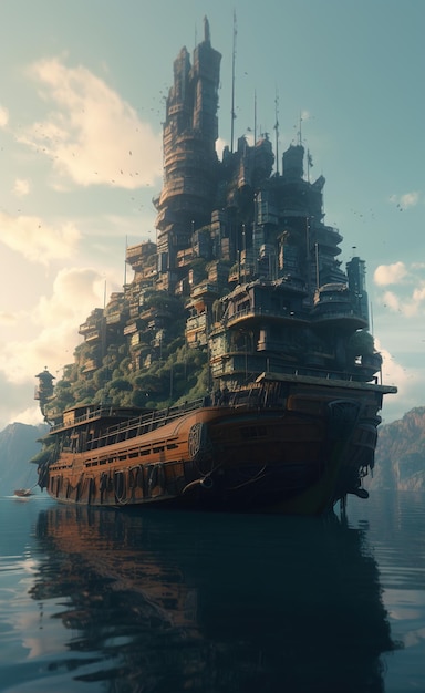 A ship in the water with a city on top of it