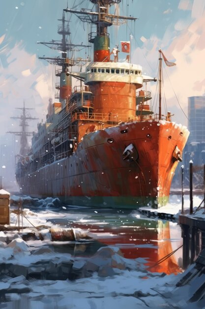 A ship in the water with snow surrounding it