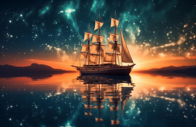 A ship on the water with stars in the background